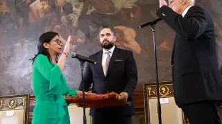 Delcy Rodríguez being sworn in as president of Venezuela.