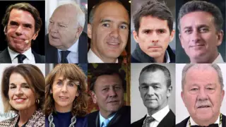 A collage with the faces of identified people whose names appear in files declassified by the United States Department of Justice.